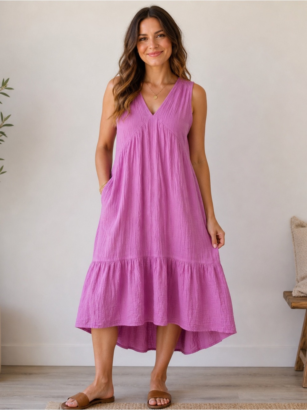 Echo Gauze Maxi Dress Womens Medium Purple Pockets Cotton sleeveless